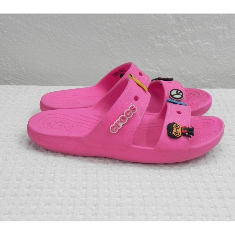 Pink Crocs Sandals With Fun Character Charms Size M5/W7 Lightweight Casual